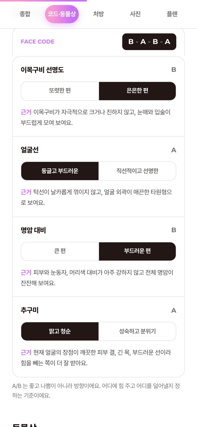 페이스 코드 A·B 판정 + 사진 근거